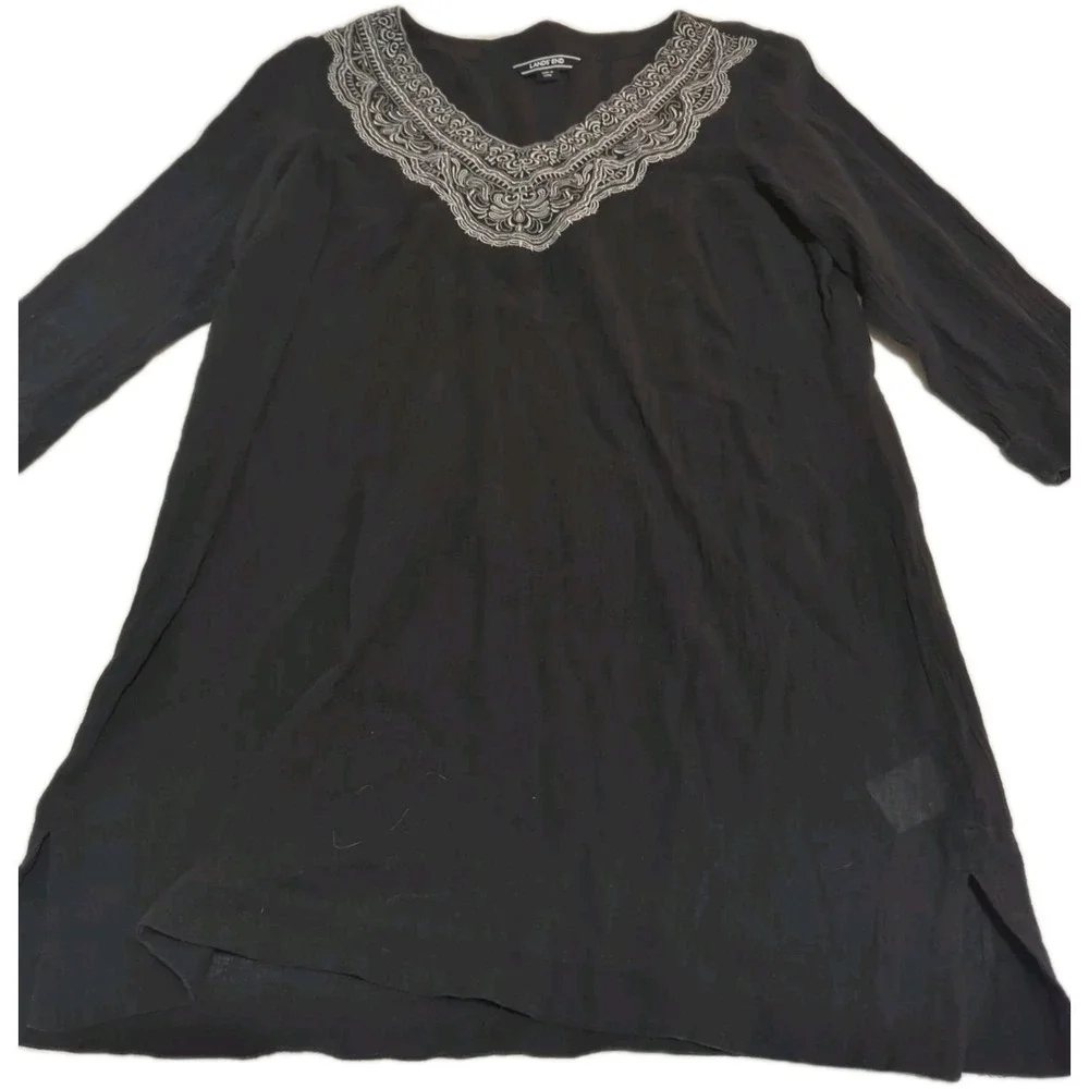 LANDS' END Black Tunic Beach Cover Up Swimwear Womens M Boho Resort Vacation